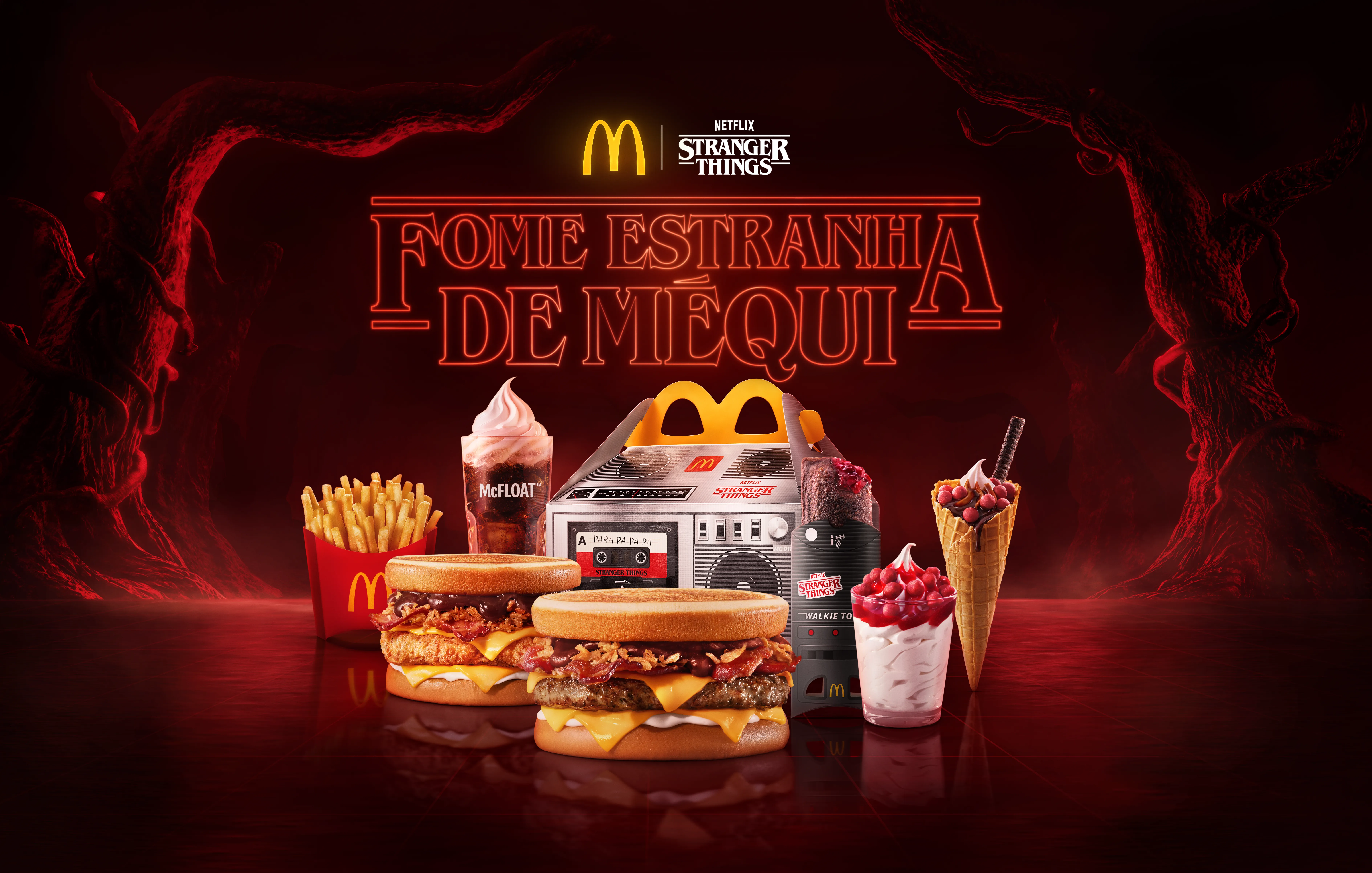 Key visual horizontal da campanha mostrando produtos do McDonald's com temática Stranger Things