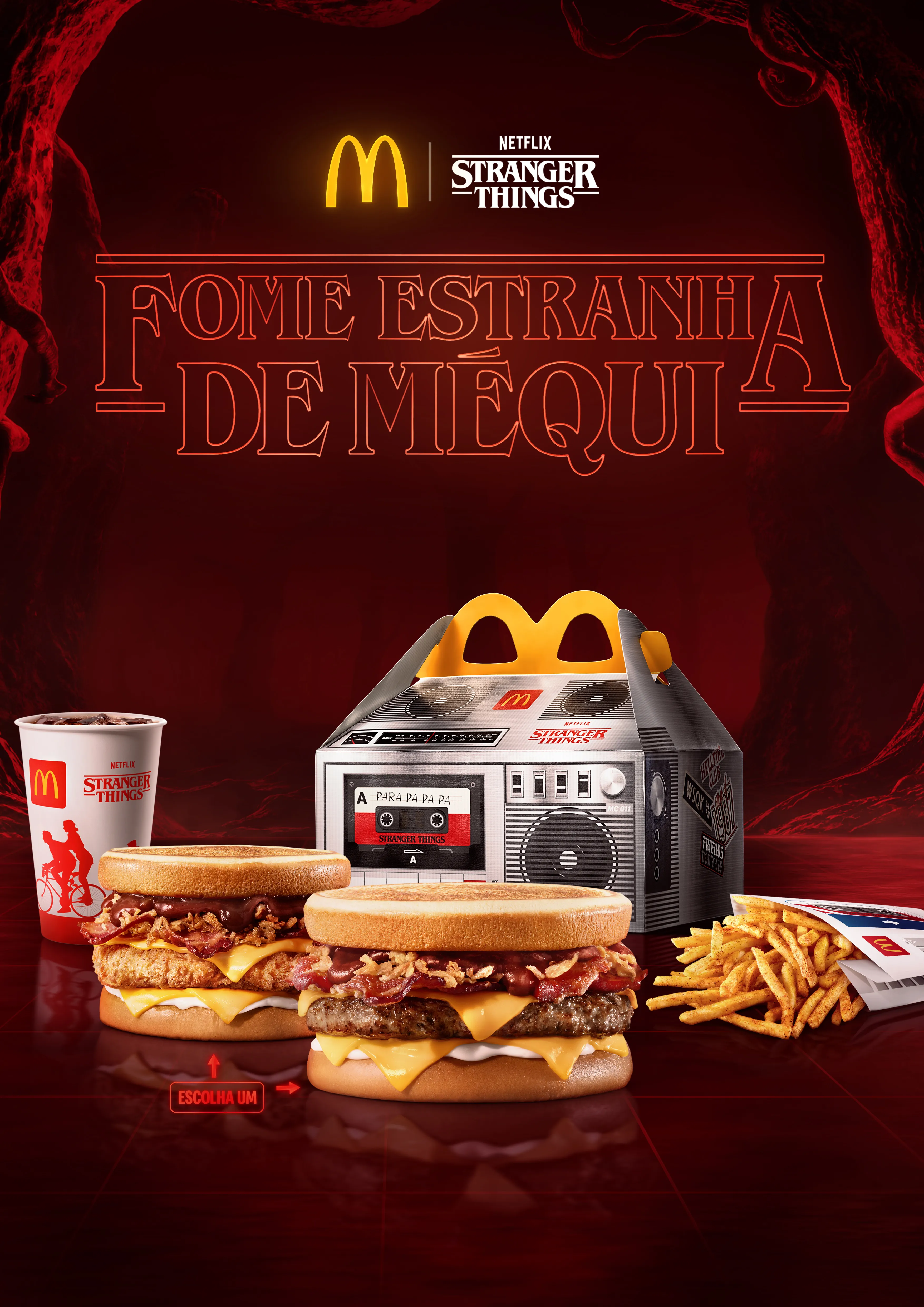 Key visual vertical da campanha Fome Estranha de Méqui com personagens de Stranger Things